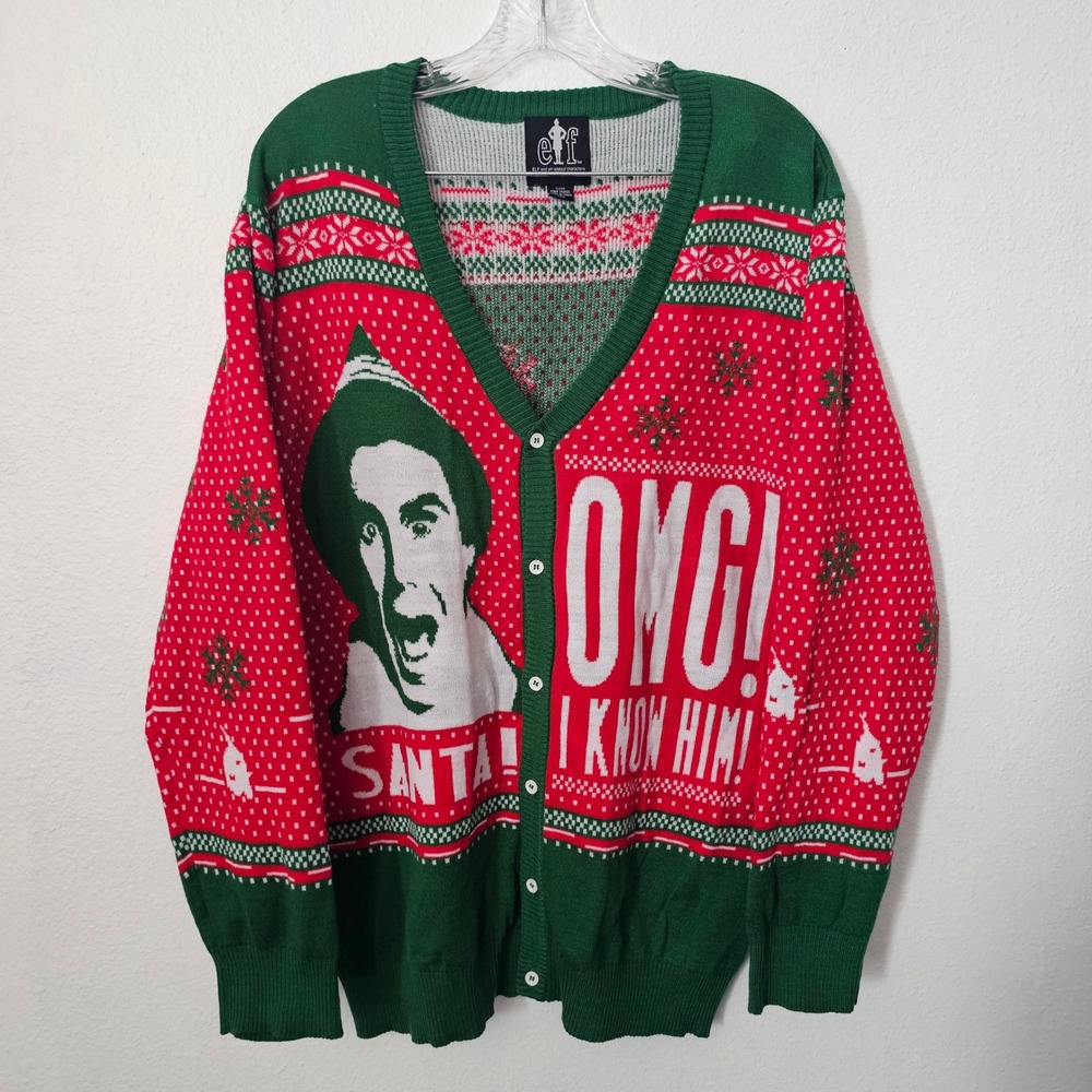 Elf Movie Santa I Know Him Ugly Christmas Sweater Cardigan Red Green XXL